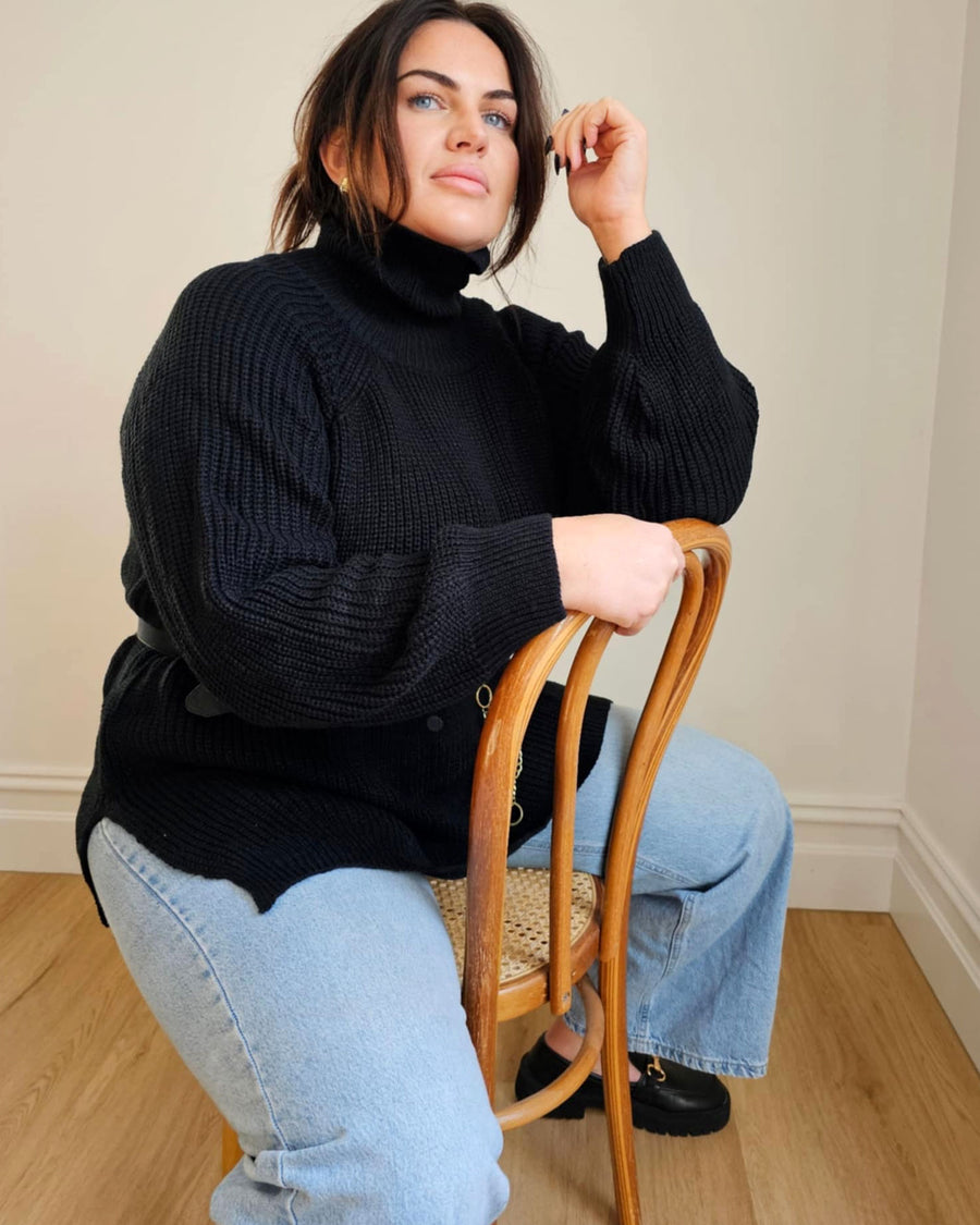 COMING SOON -Turtleneck Knit Sweater with Side Split // Black