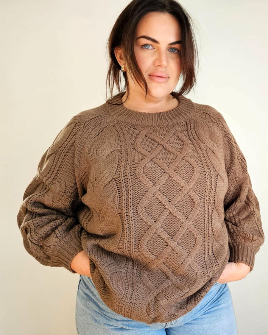 Round Neck Soft Cable Knit Sweater // Mocha