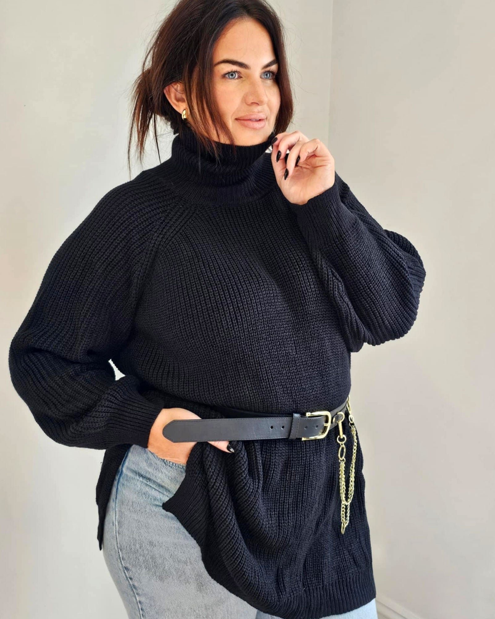 COMING SOON -Turtleneck Knit Sweater with Side Split // Black